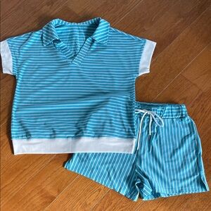 NWOT Women’s Aqua Blue Striped Shirt and Shorts Set S